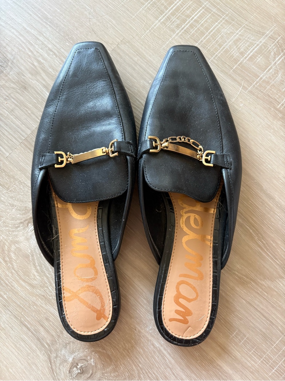 Sam Edelman Black Leather Slip-On Mules with Gold Hardware